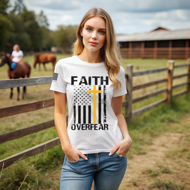patriotic Faith Over Fear Women’s T-Shirt with cross and American flag design